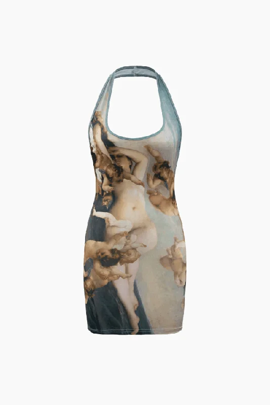 Renaissance Print Halter Bodycon Mini Dress Fashionable Summer Mini Dress