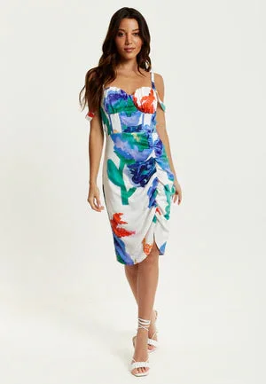 Liquorish Floral Print Ruched White Based Mini Dress Stylish Sweetheart Mini Dress