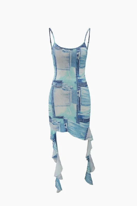 Denim Print Ruffle Mini Dress Chic Puff Sleeve Mini Dress