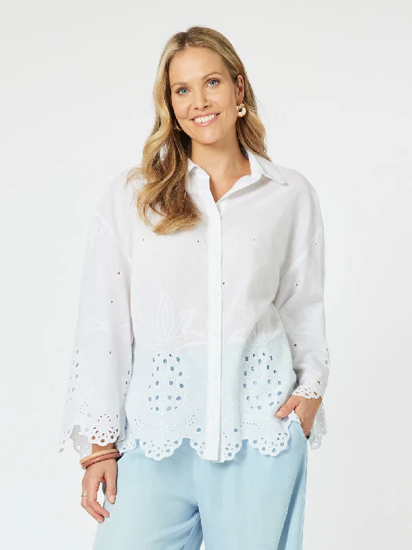 Pineapple Emb Shirt - White-- Mesh Blend Leather Blend Suede Blend