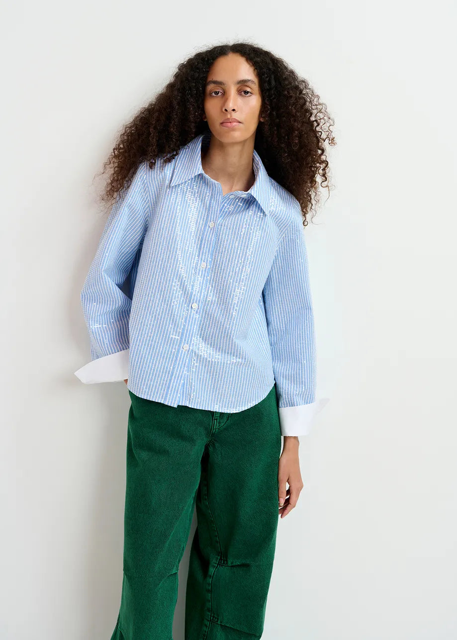ESSENTIEL Blue Sequin Shirt-- Real Fur Shearling Chenille