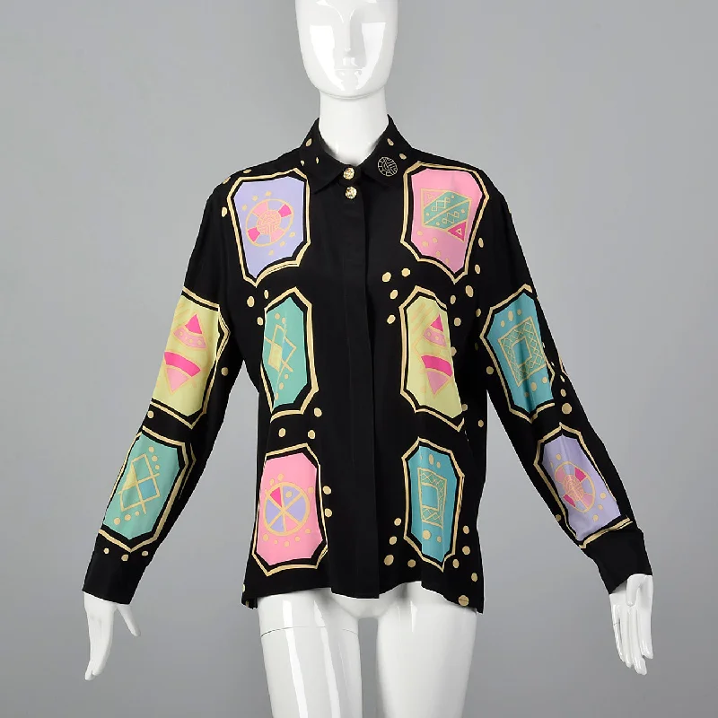 1990s Louis Feraud Silky Geometric Print Blouse Lightweight Chiffon Blouse