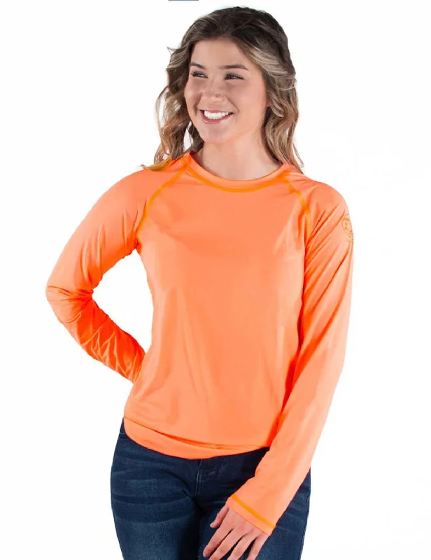 Cowgirl Tuff Womens Cooling UPF Baseball Tangerine Nylon L/S T-Shirt-- Spandex Blend Rayon Blend Denim Blend