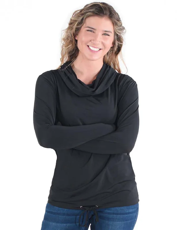 Cowgirl Tuff Womens Breathe Cowl Neck Black Nylon L/S T-Shirt-- Zippered Front Buttoned Front Snap Front
