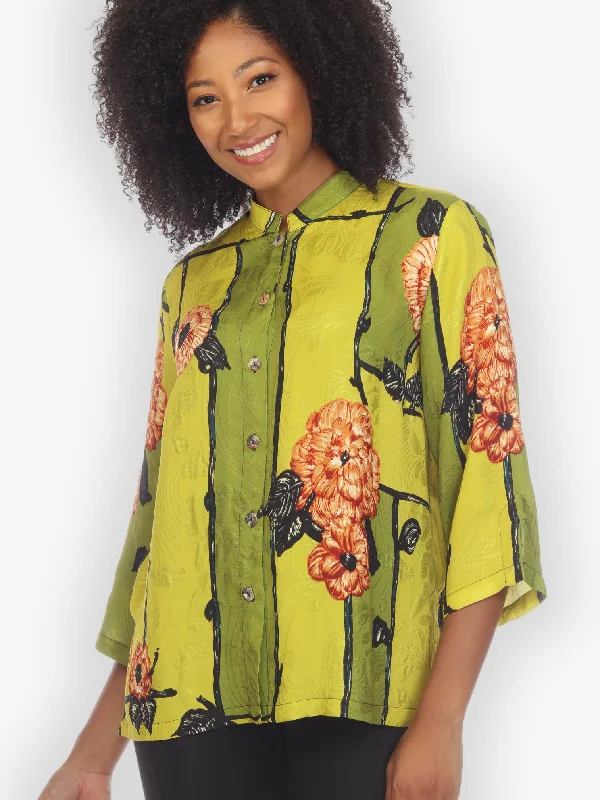 Flower on Lemon Silk Blouse Feminine Ruffle Blouse