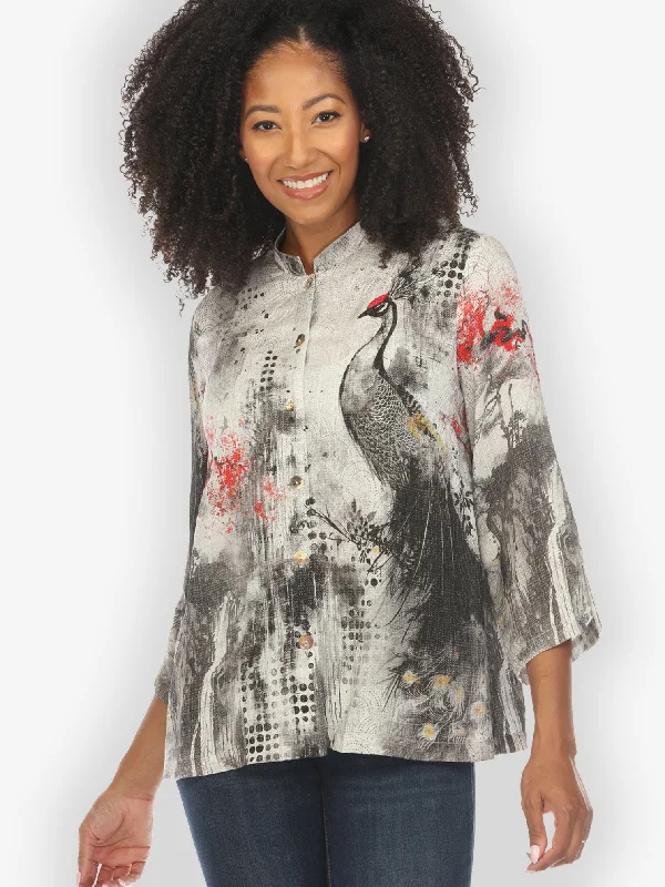 Monotone Peacock Silk Blouse Bell Sleeve Blouse