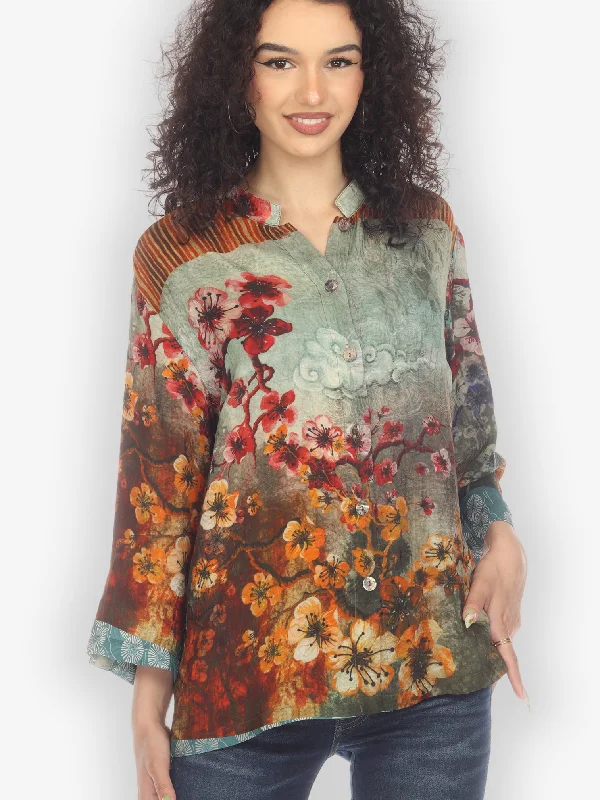 Joy Blossom Border Silk Blouse Sheer Sleeve Blouse