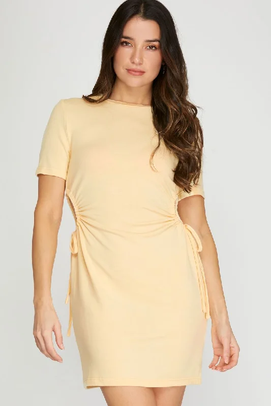YELLOW RUCHED CUT-OUT DRAWSTRING  SIDES MINI DRESS S8SS9616 Fashionable Polka Dot Mini Dress