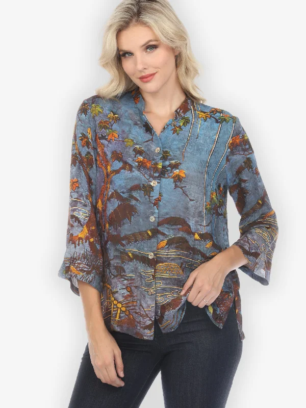 Flowers Over Water Silk Blend Blouse Feminine Puff Blouse