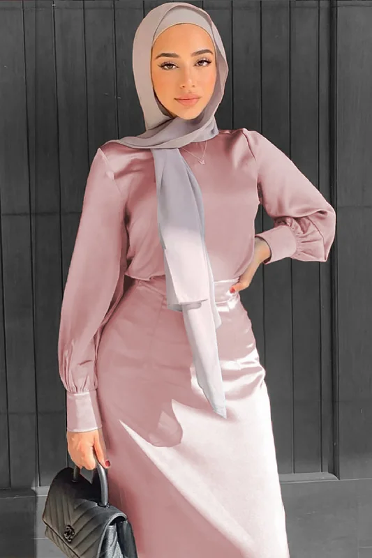 Lameera Satin Blouse - Dusty Rose Feminine Puff Blouse