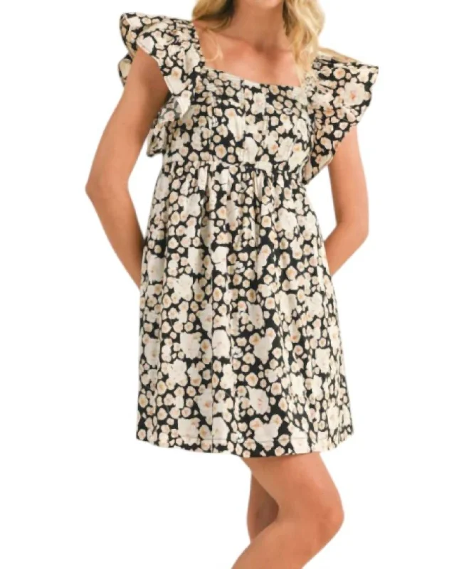 Floral Flutter Sleeve Mini Dress In Black/white Elegant Velvet Mini Dress
