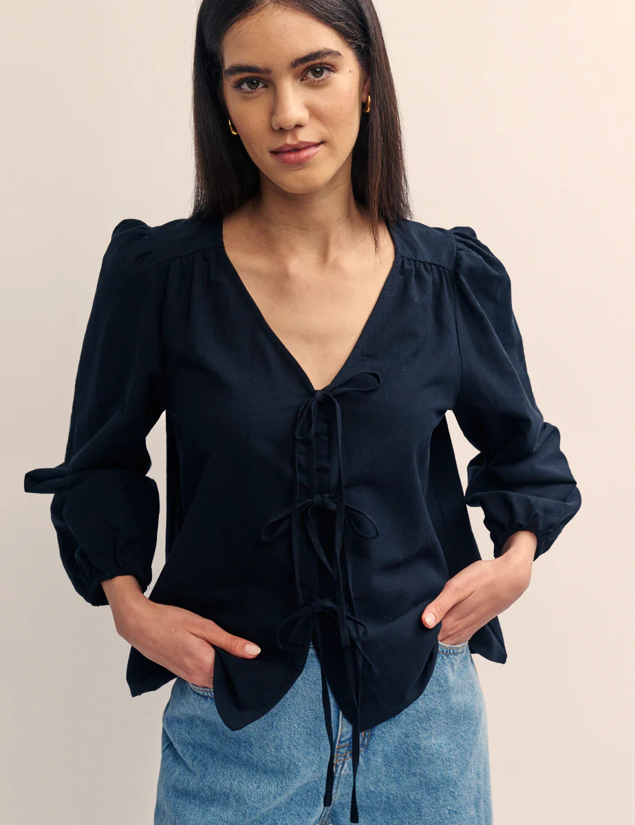 Black Linen-Blend Tie Front Bernadetta Blouse Sheer Mesh Blouse