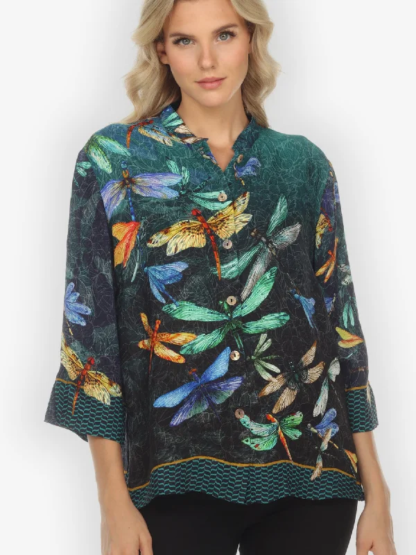 Colorful Dragonfly Citron Style Silk Blouse Casual Relaxed Fit Blouse