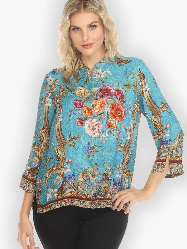 Baroque Garden in Blue Silk Blend Blouse Pastel Color Blouse