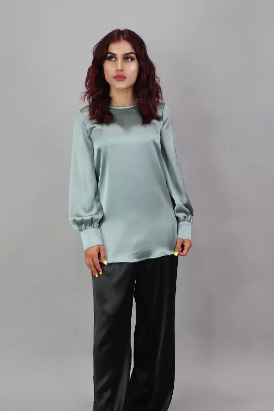 Lameera Satin Blouse - Mint Gray Embellished Collar Blouse