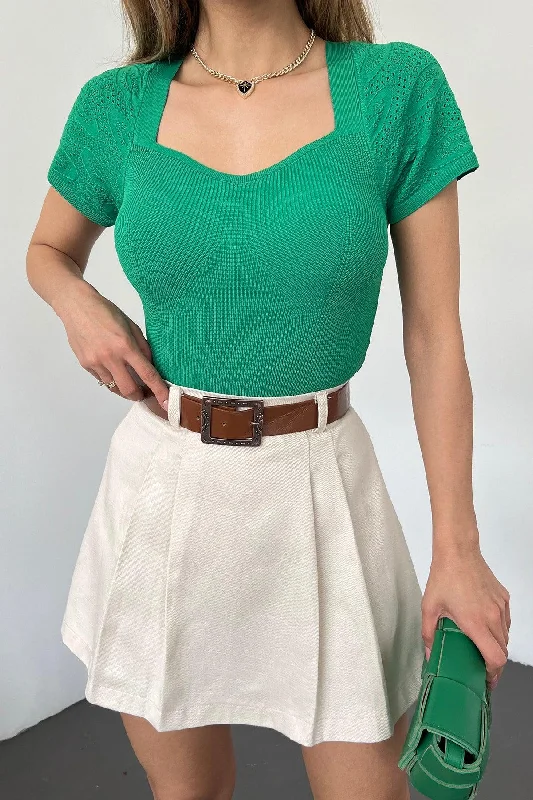 Women's Green Sleeve Knit Detailed Short Sleeve Heart Collar Knitwear Blouse Stylish Wrap Blouse