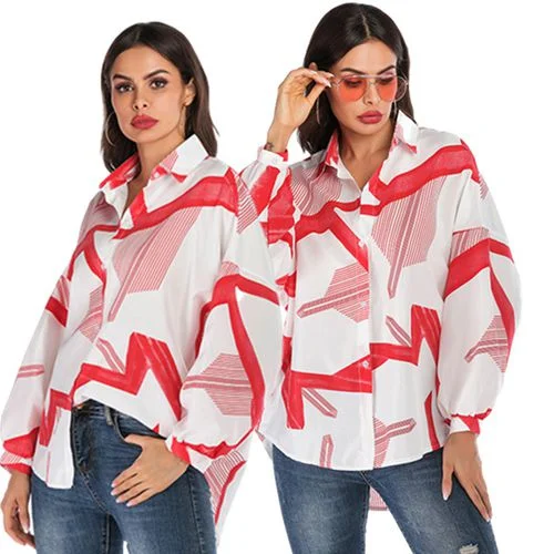 Printed Casual Spring Loose Show Thin Medium-length Women Blouses Semi-Sheer Blouse