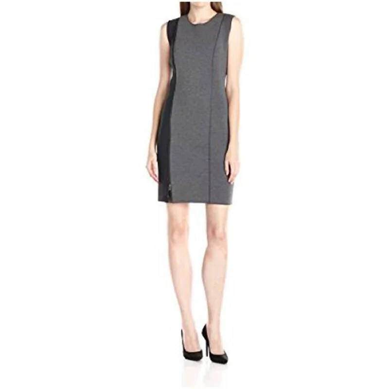 Women's Kinley Crew Neck Scuba Sleeveless Mini Dress In Gray & Black Comfortable Smocked Mini Dress