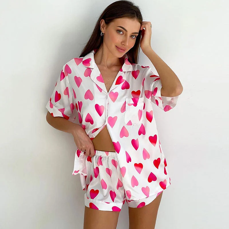 Silky Satin Heart Printed Lapel Button Up Blouse High Rise Shorts Lounge Set Ruched Sleeve Blouse