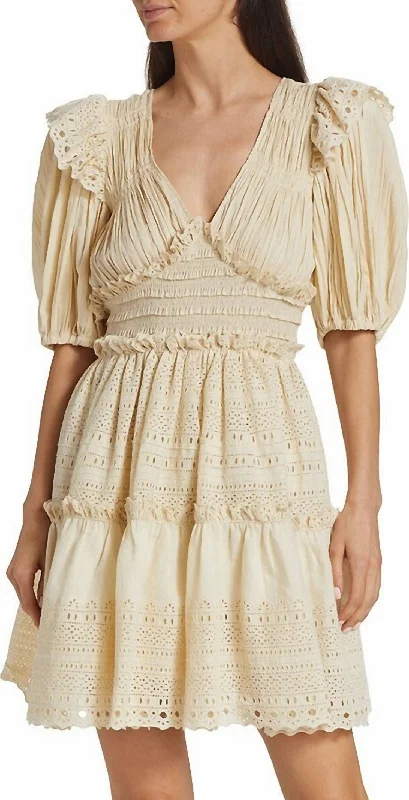 Women Marley Pleated Smocked Eyelet Mini Dress In Cream Comfortable Boho Mini Dress
