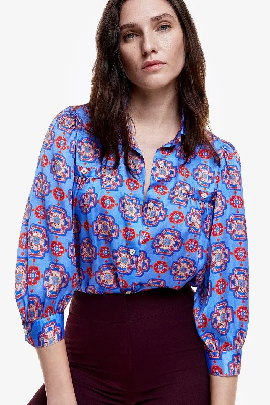 Smythe - Shirred Pocket Blouse Frilled Cuff Blouse