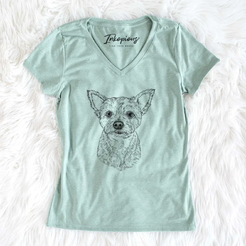 Bare Mango the Yorker Cairn Terrier Mix - Women's V-neck Shirt-- Embroidered Appliqued Beaded