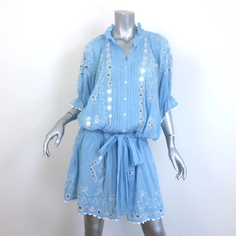 Juliet Dunn Mirror Embroidered Tie-Waist Mini Dress Blue Cotton Gauze Size 3 Classic White Mini Dress