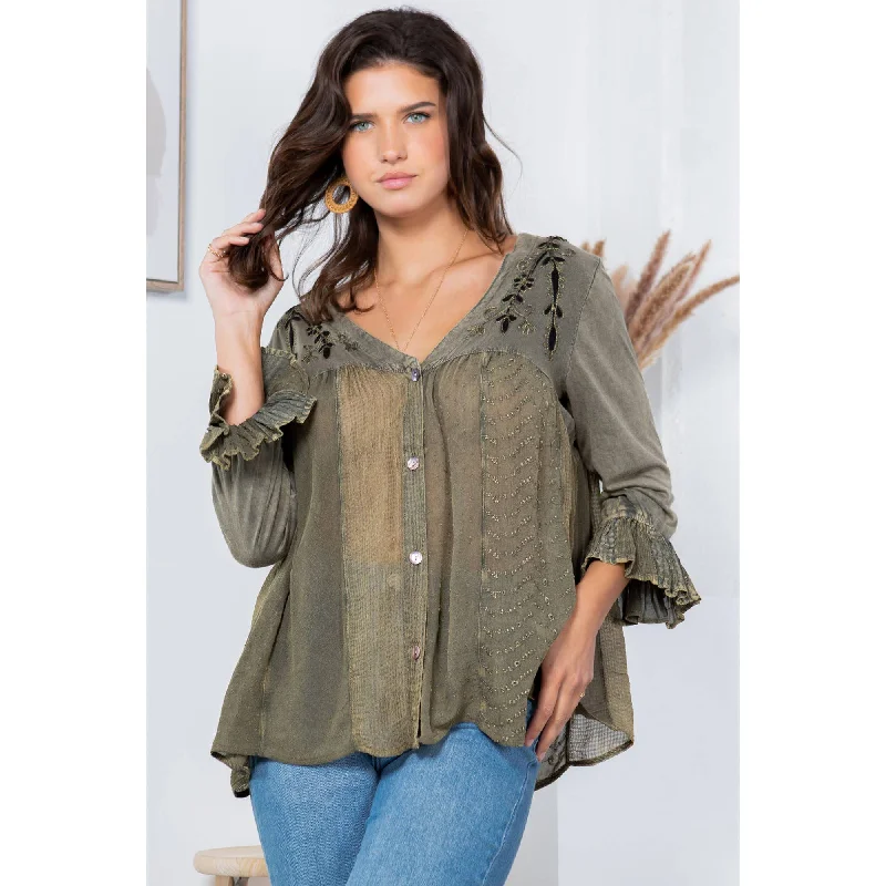 YOUNG THREADS - Women’s Mexican Embroidery 3/4 Ruffle Sleeves Western Blouse Loose Oversized Blouse