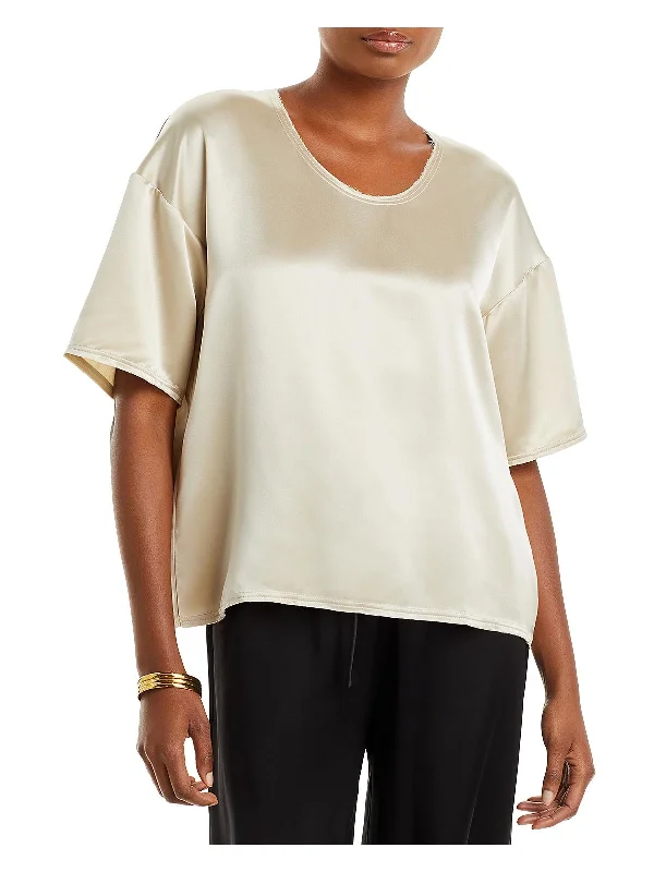 Womens Satin Crewneck Blouse Cotton Casual Blouse