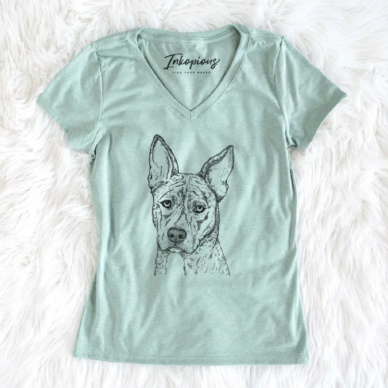 Bare Leo the Ibizan Hound Bull Mastiff Mix - Women's V-neck Shirt-- Zippered Front Buttoned Front Snap Front