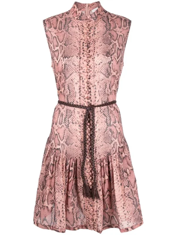 Moonshine Tied Mini Dress In Pink Snake Comfortable Off-Shoulder Mini Dress