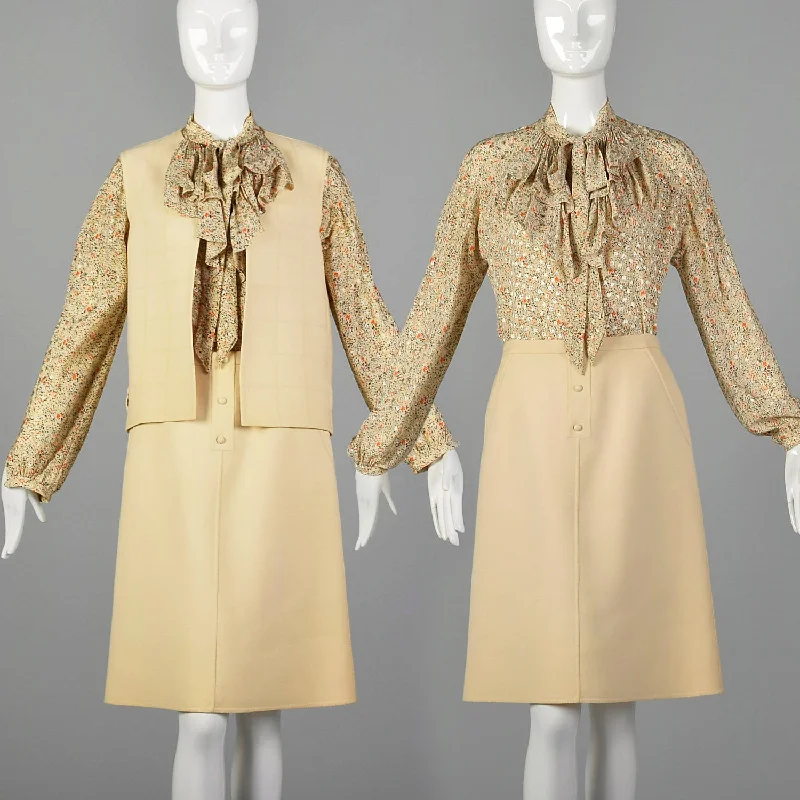 Small 1970s Andre Laug Cream Skirt Set with Blouse and Vest Feminine Tie Blouse