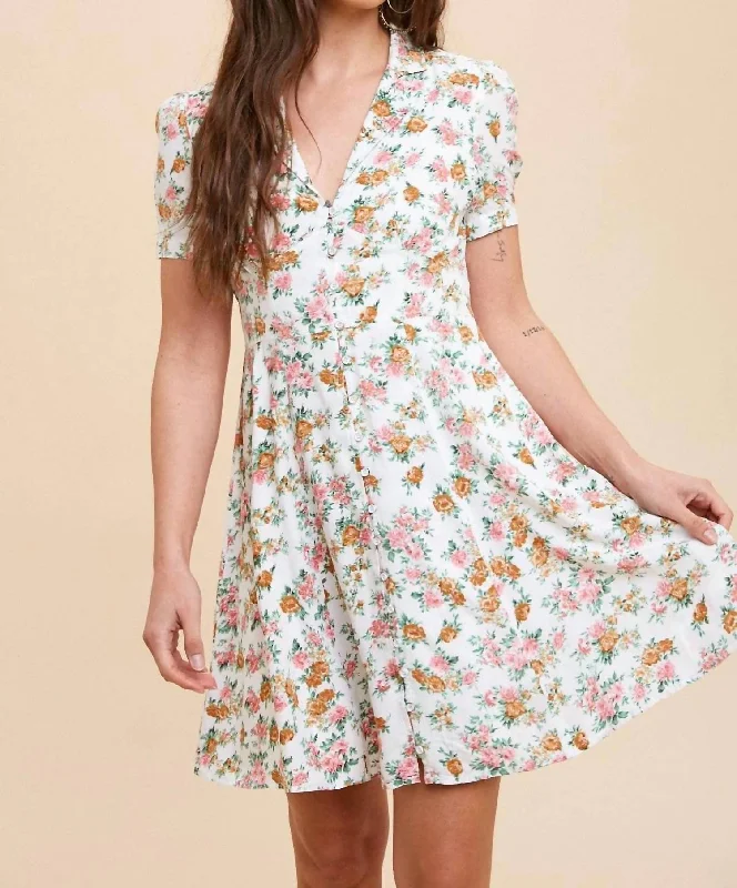 Calli Floral Pattern Mini Dress In White Cozy Ribbed Mini Dress