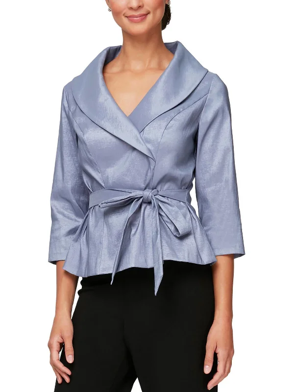 Petites Womens Taffeta Belted Blouse Elegant Lace Blouse