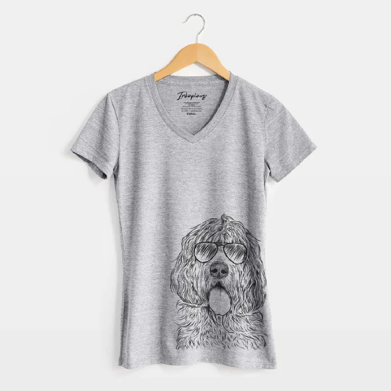 Aviator Lou the Otterhound - Women's V-neck Shirt-- Zippered Front Buttoned Front Snap Front