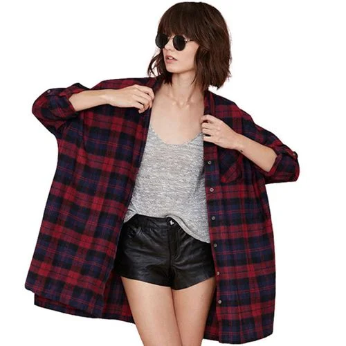 Plaid Spring Loose Casual Mid-length Women Blouses Vintage Polka Blouse