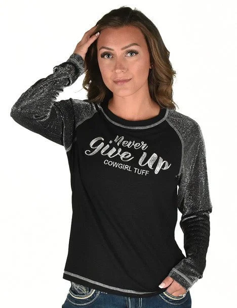 Cowgirl Tuff Womens Never Give Up Shimmer Silver Nylon L/S T-Shirt-- Mesh Blend Leather Blend Suede Blend