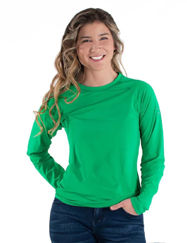 Cowgirl Tuff Womens Cooling UPF Baseball Money Green Nylon L/S T-Shirt-- Satin Blend Silk Blend Wool Blend