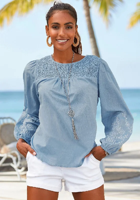 LASCANA Women's Floral Embroidered Sleeve Blouse Polished Work Blouse