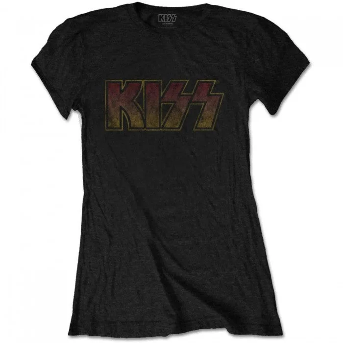 Kiss Womens/Ladies Vintage Cotton Logo T-Shirt-- Beaded Sequined Faux Fur