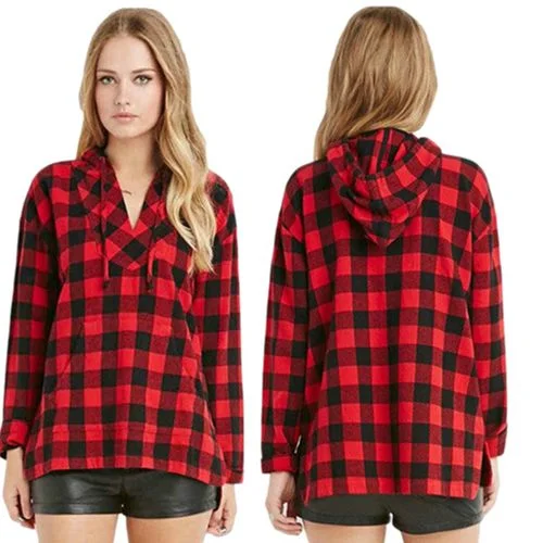 Plaid Hood Spring Slim Draw Rope Casual Women Blouses Elegant Office Blouse