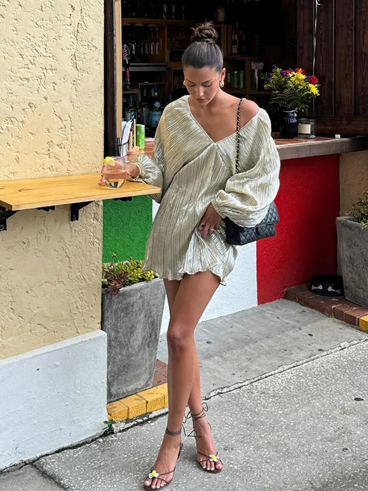 Advbridge Women's Chic Shiny Metallic Ruffles Mini Dress Fashion V-neck Lantern Long Sleeve Loose Vestido New Female Casual Streetwear Modern Satin Mini Dress