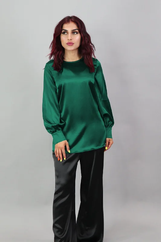 Lameera Satin Blouse - Emerald Lightweight Linen Blouse
