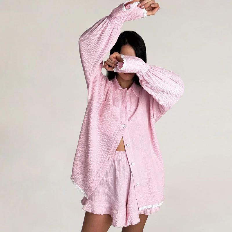 Cozy Cotton Gauze Scalloped Ruffled Blouse High Waist Shorts Lounge Set Sheer Mesh Blouse
