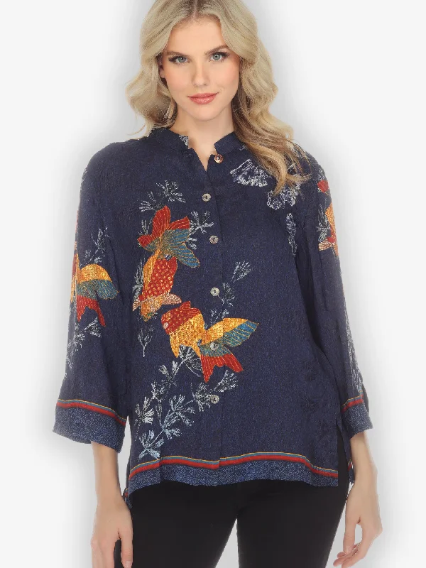 Good Luck Fish Silk Blend Blouse Versatile Layering Blouse