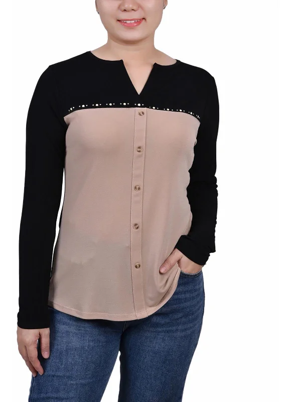 Petites Womens Colorblock Embellished Blouse Balloon Sleeve Blouse