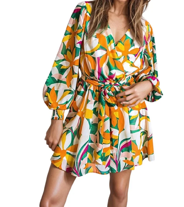 Sandra Surplice Long Sleeve Chiffon Mini Dress In Orange Trendy Button-Detail Mini Dress