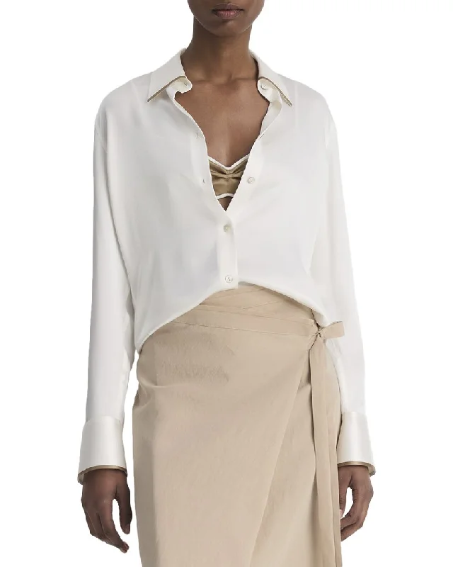 Vince Tipped Slim Silk Blouse Soft Knit Blouse