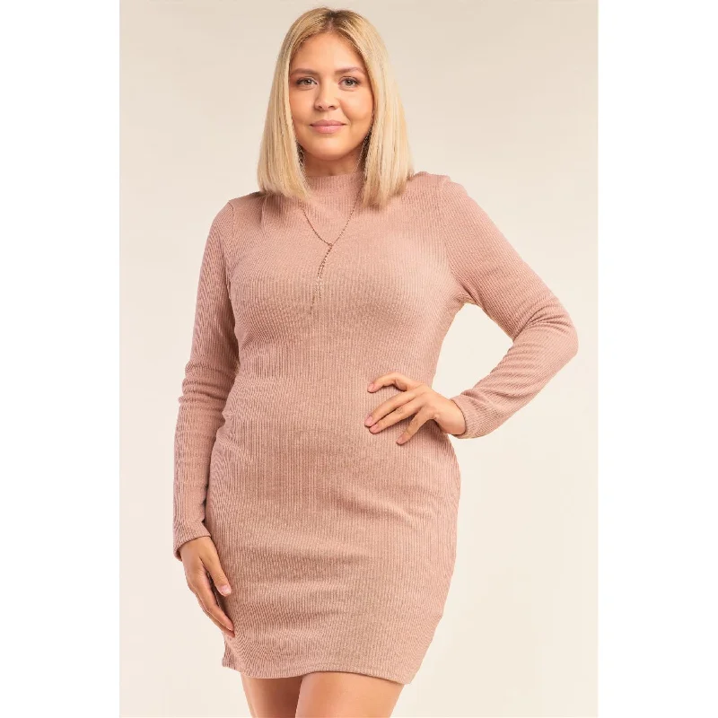 Plus Size Long Sleeve Ribbed Knit Sexy Cut Out Back Mini Dress Elegant Vintage Mini Dress