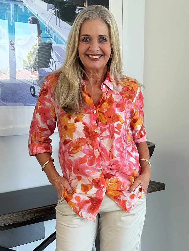 Flora Printed Shirt - Floral-- Hooded Caped Shawl Collar